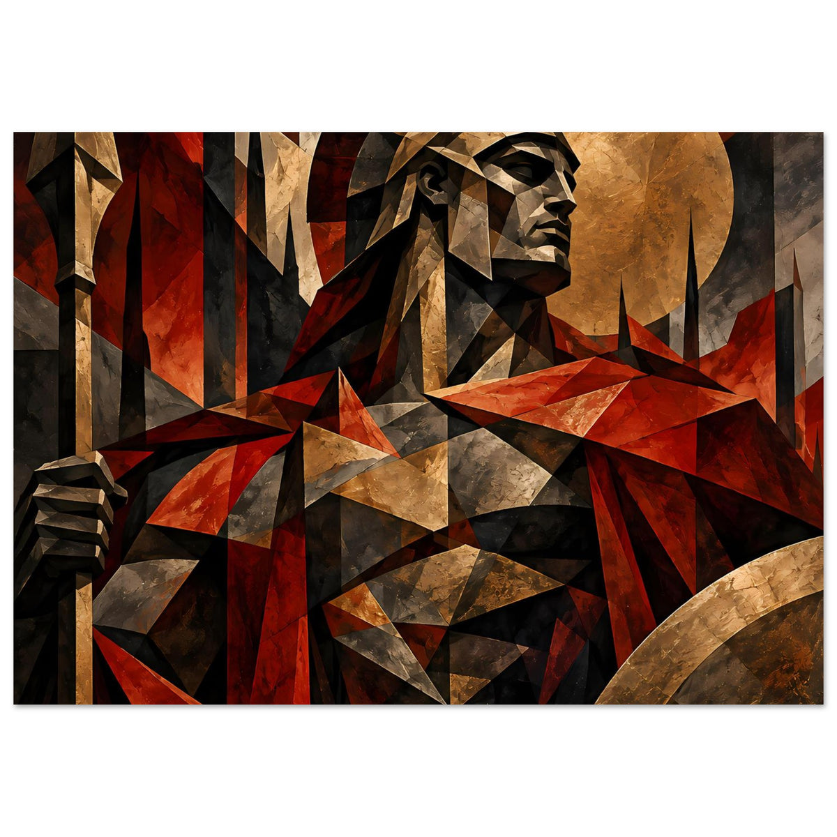 Poster im Querformat: Spartanerkrieger in Rot und Gold, geometrisches Bild, Motiv groß.
