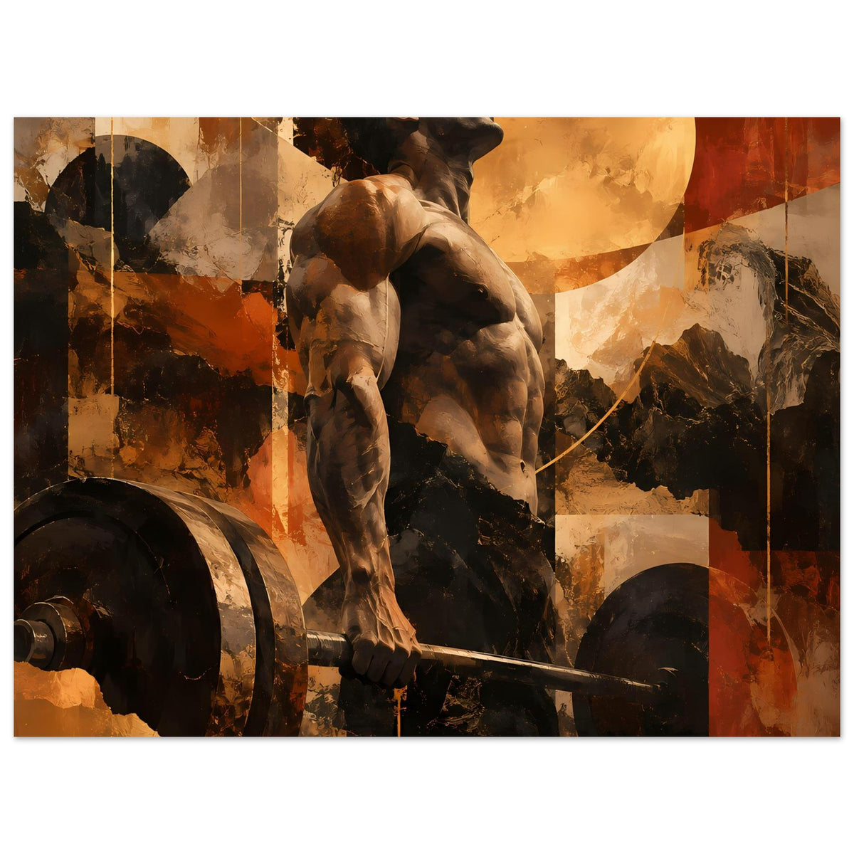 Fitness-Artposter: Hund in Kampfpose, Hantelstange quer, Braun-, Beige- und Rottöne