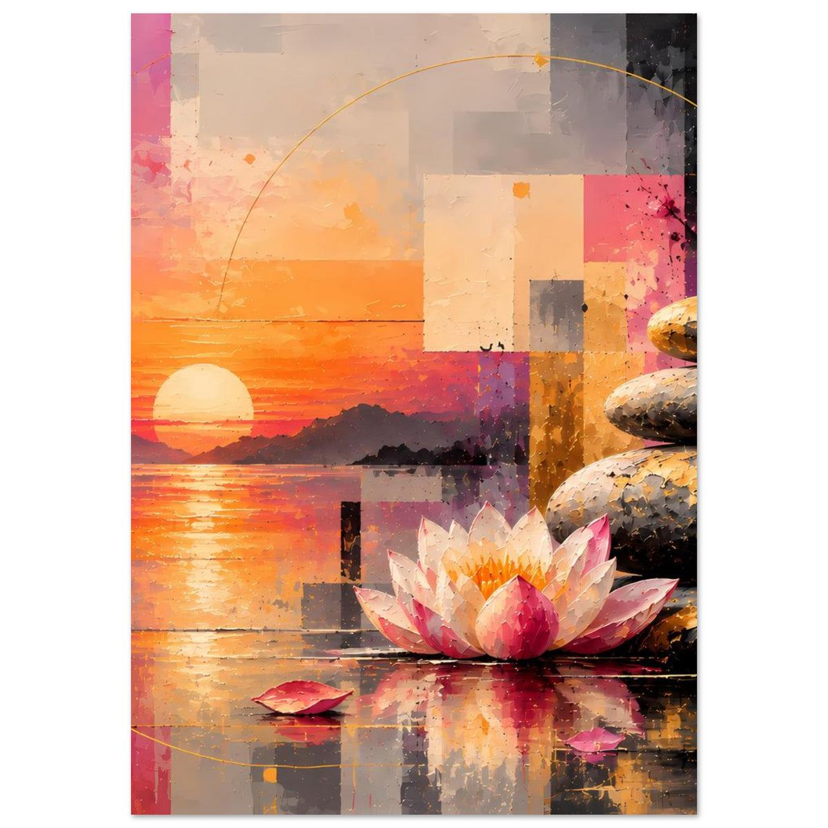Zen-Poster mit Lotusblüte, Wasserreflexionen und bunten Farbflächen im Sonnenuntergang