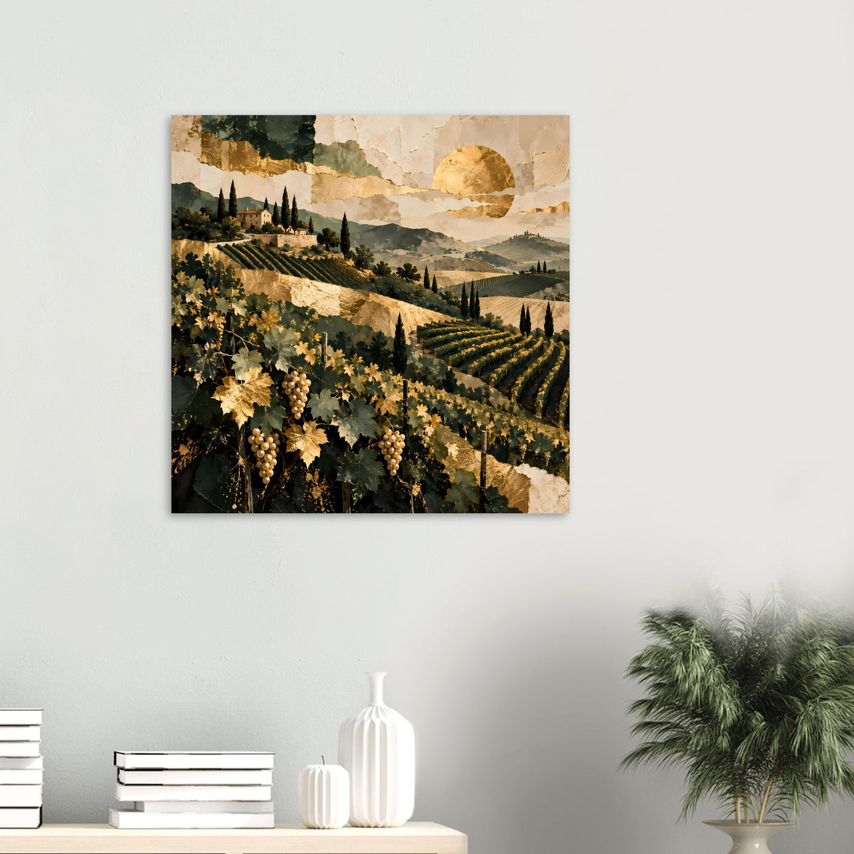 Gerahmtes quadratisches Landschaftsposter mit Weinbergen und goldenem Sonnenuntergang