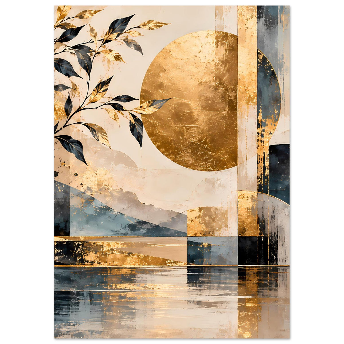 Kunstposter, Ausschnitt zeigt goldene Kreise, blaue Berglinien und horizontale Farbbänder