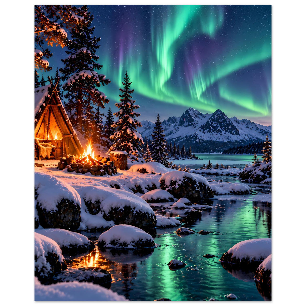 Winterlandschafts-Poster im Hochformat: Lagerfeuer am Zelt, Polarlicht über schneebedeckten Bergen