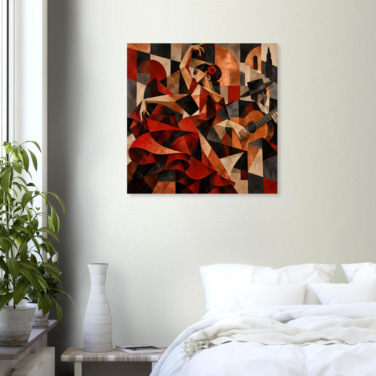 Quadratisches Kunstposter mit abstrakter Flamenco-Figur und akzentuiertem Gitarrenmotiv
