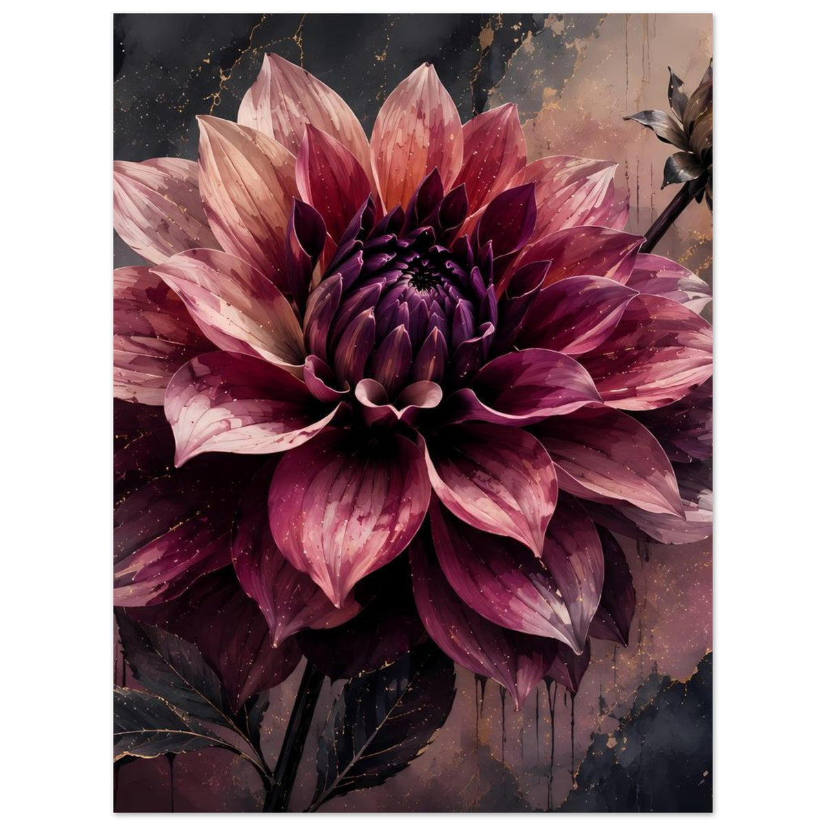 Blumenposter mit violetter Dahlie in Rosa-Lila Tönen, goldfarbene Linien und Staubakzente