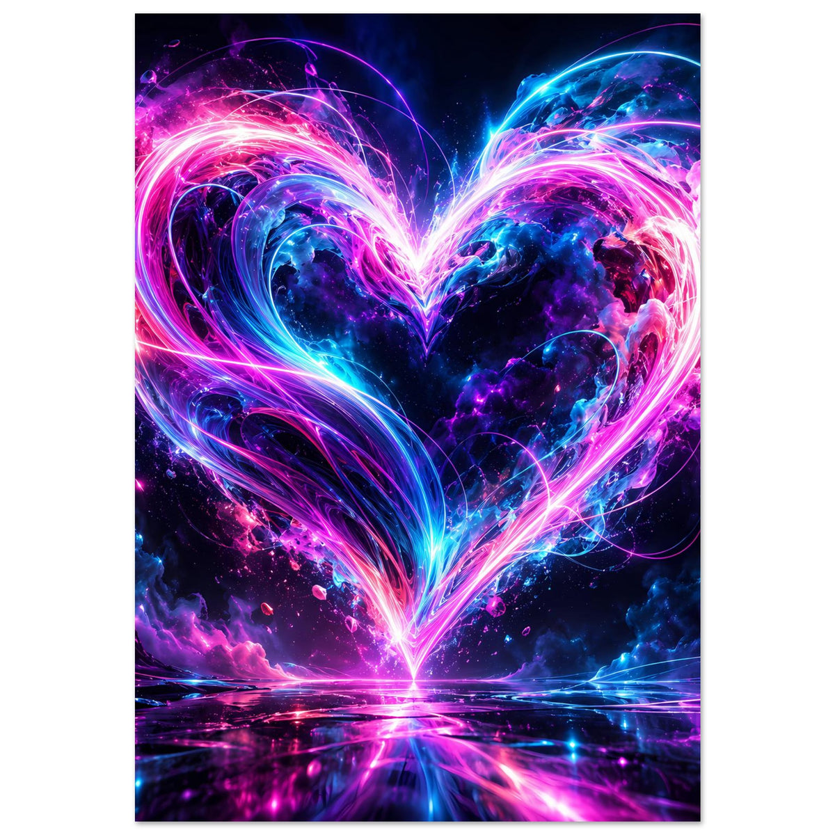 Kunstposter mit kontrastigem Neon-Herz, Pink-Blau-Lichtfäden und abstraktem Hintergrund