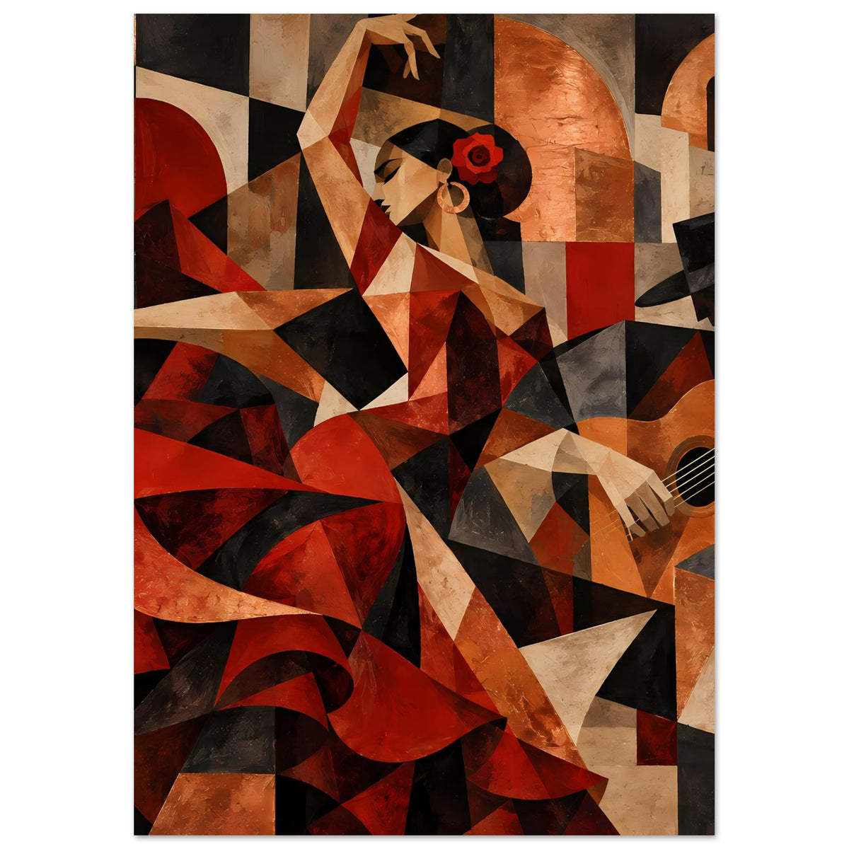 Kunstposter Hochformat: Flamenco-Figur im Profil mit Gitarre, Rot- und Erdtöne, geometrisch