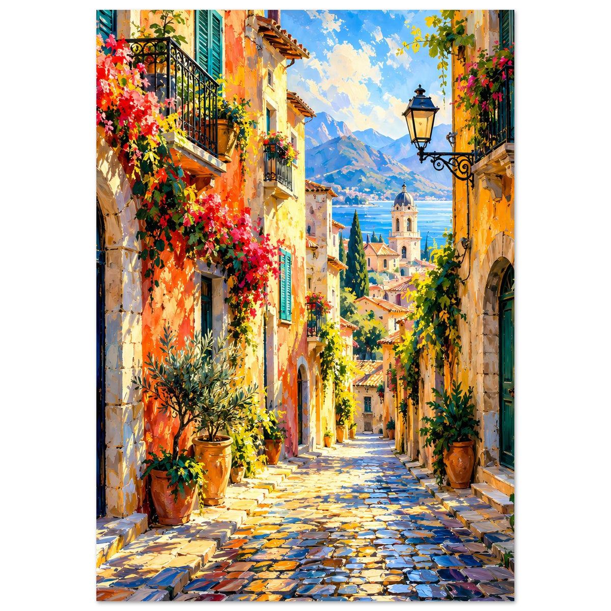 Hochformat-Gasseposter: enge Gasse zwischen Häusern mit grünen Pflanzen, Laterne und Bergpanorama.