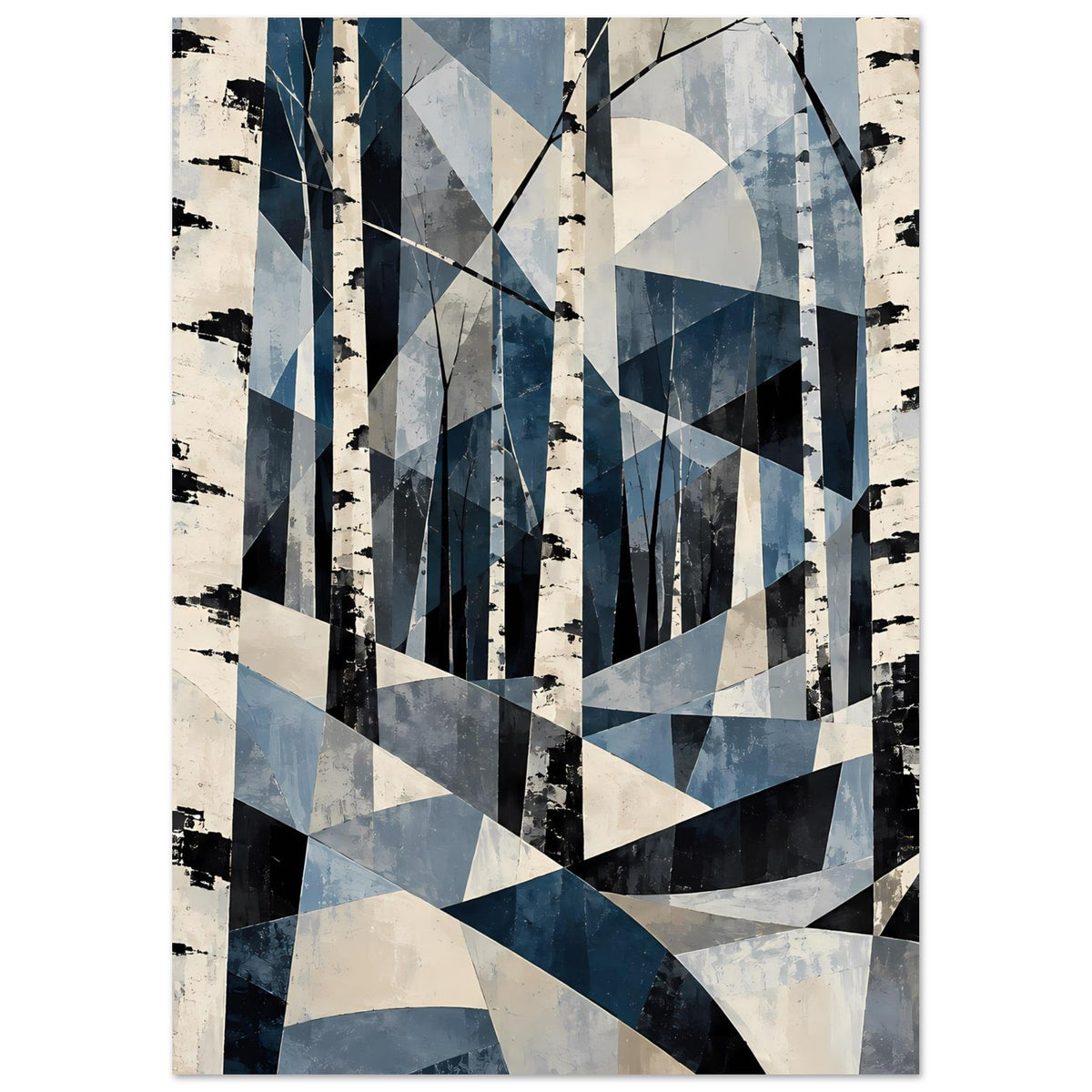 Poster mit geometrischem Birkenwald in Blau: vertikale dunkle Linien und helle Akzente
