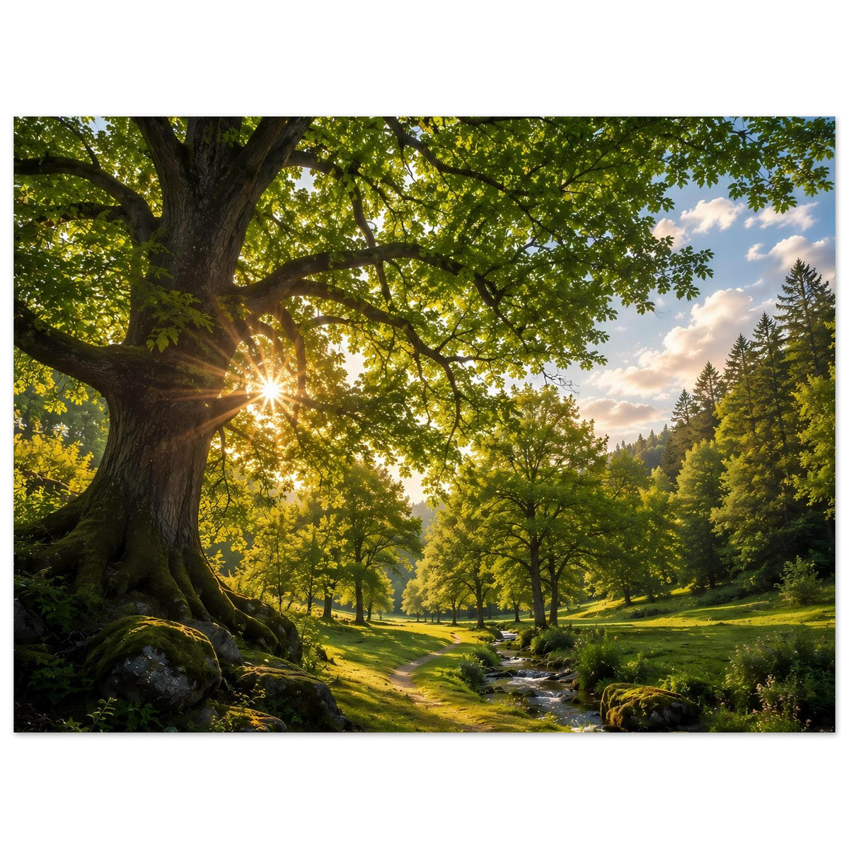 Wandposter mit Waldweg, Bach und goldenen Sonnenstrahlen durch dichtes Laub