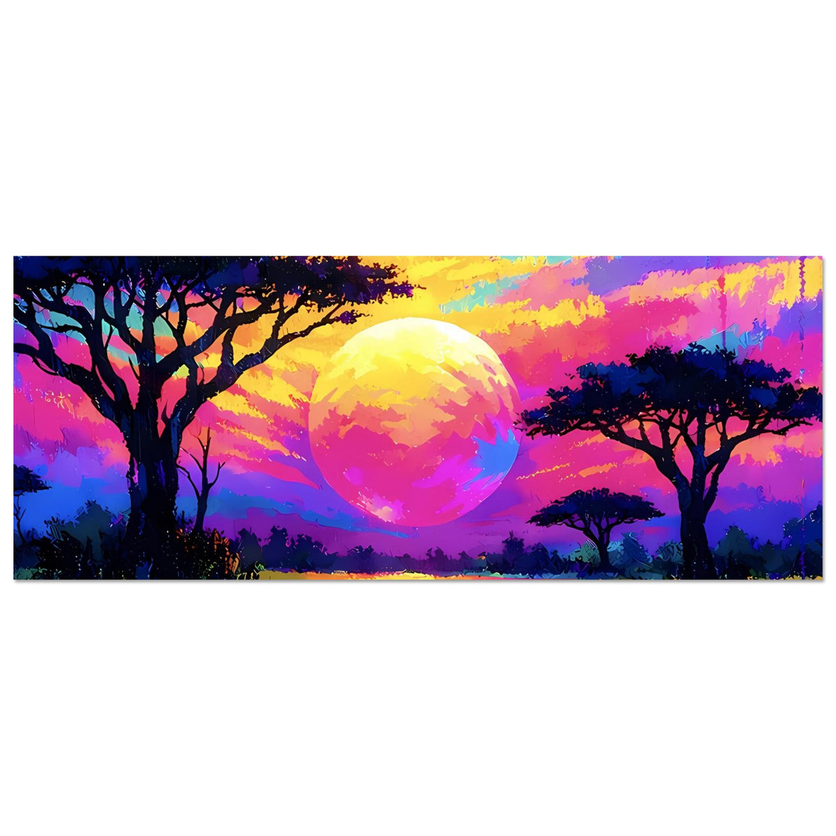 Horizontales Neon-Sonnenuntergang Poster mit großer Sonne, Bäumen und farbigem See