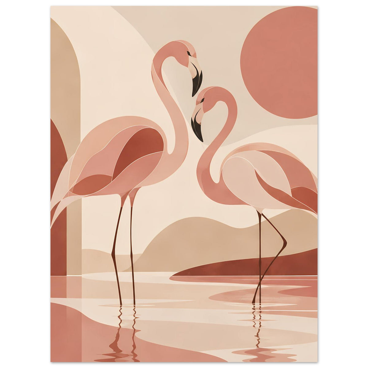 Vertikales Naturposter mit zwei Flamingos im Boho-Sonnenuntergang