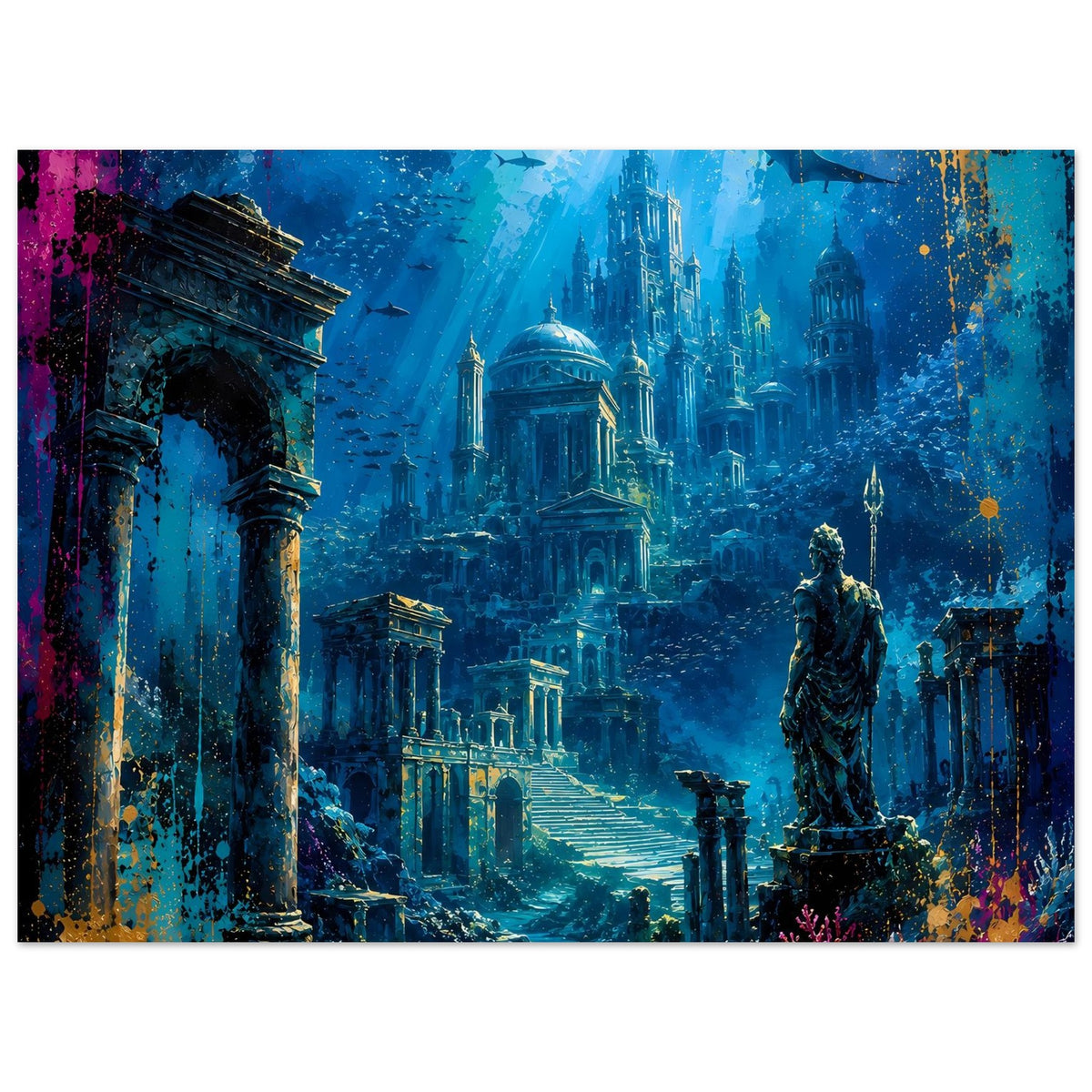 Poster mit versunkener Stadt Atlantis, gold- und blauakzentuierte Säulen, Statue im Meer