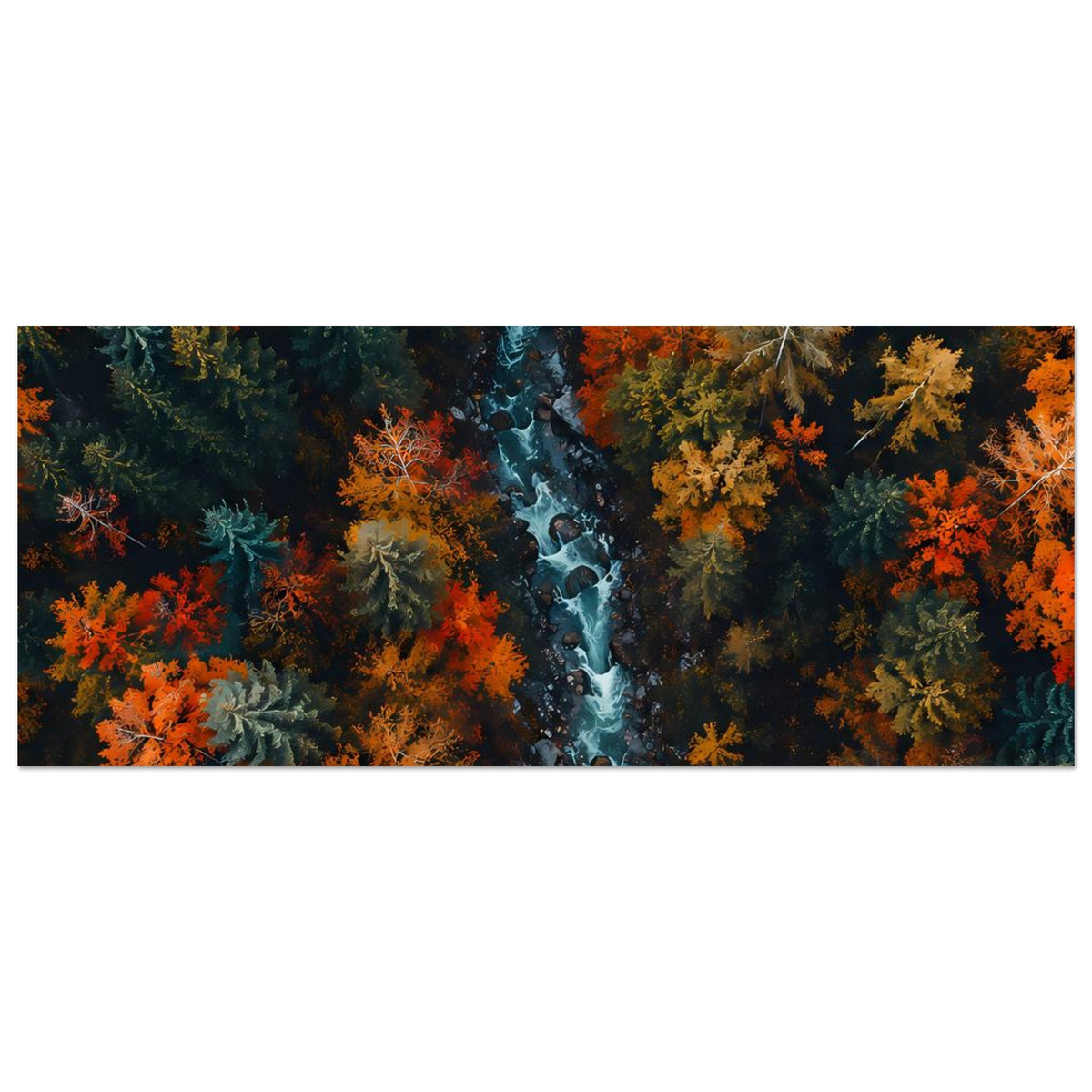 Flusswald-Poster: blauer Fluss zwischen orangefarbenen Bäumen, horizontales Format