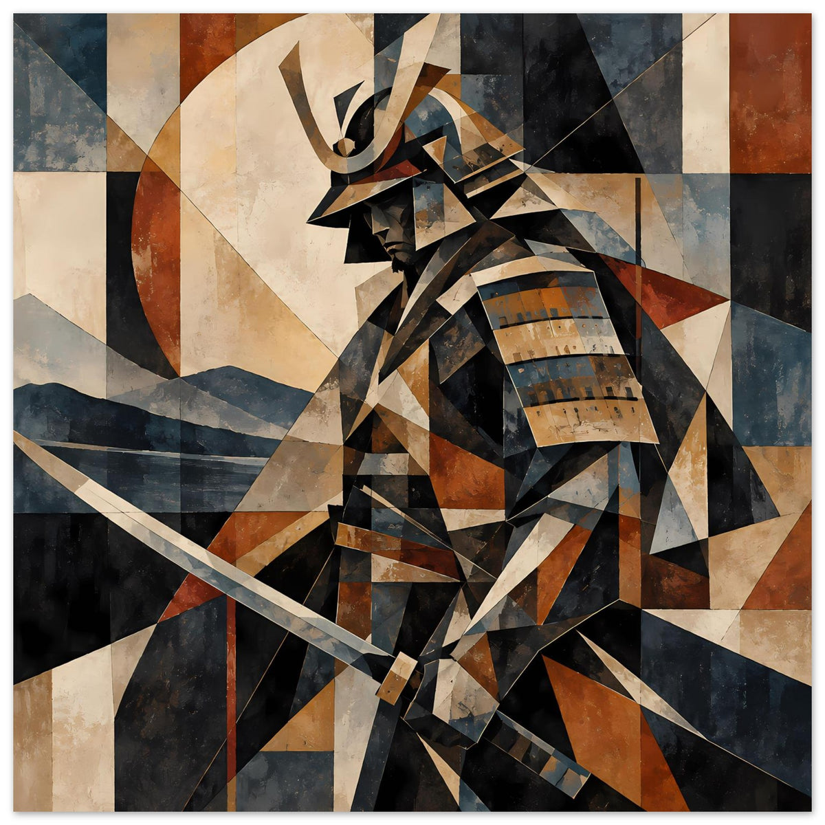 Poster mit geometrischem Samurai-Krieger, erdige Farben und Blau, geschichtete Formen