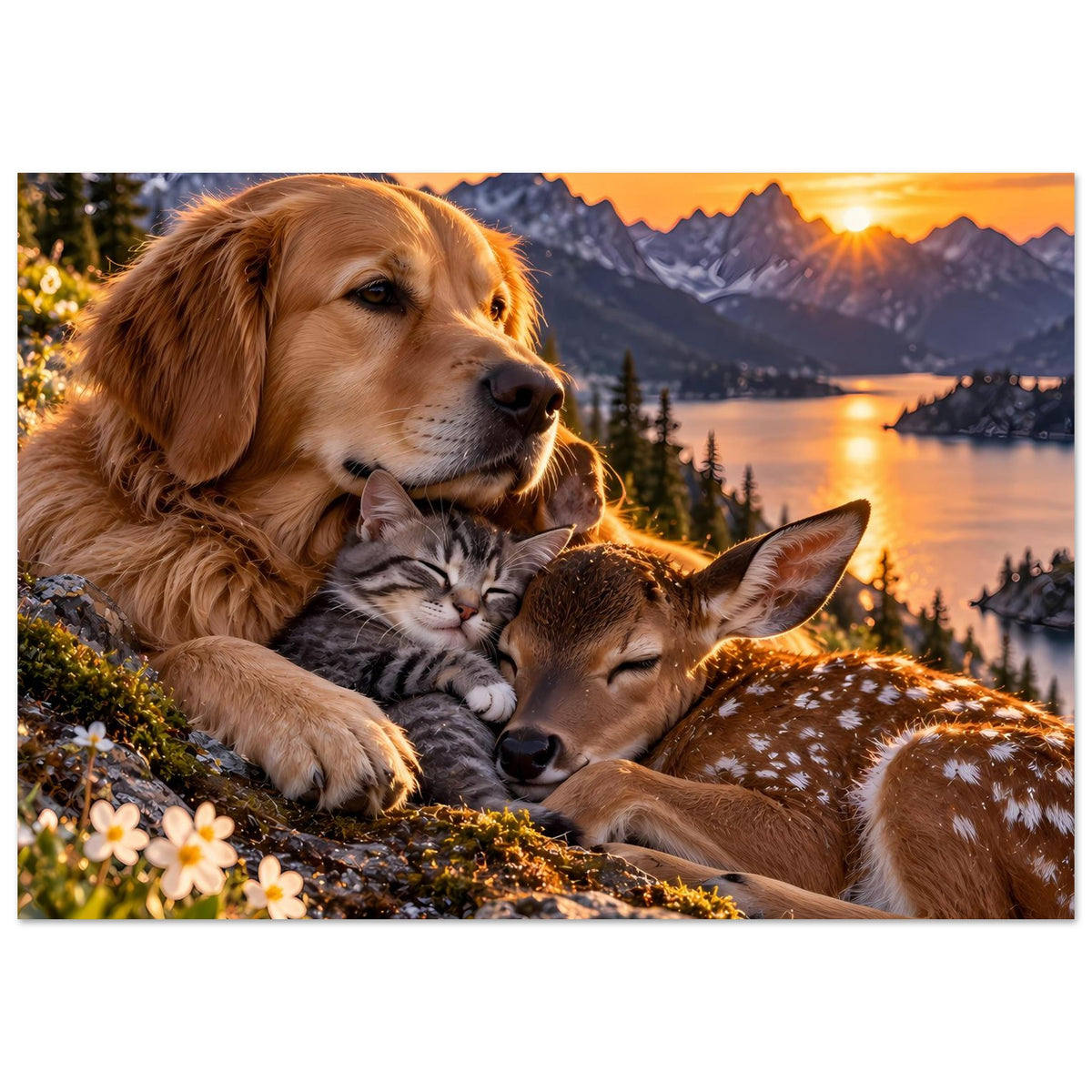 Poster mit Golden Retriever, Katze und Rehkalb im Sonnenuntergang, harmonisches Motiv