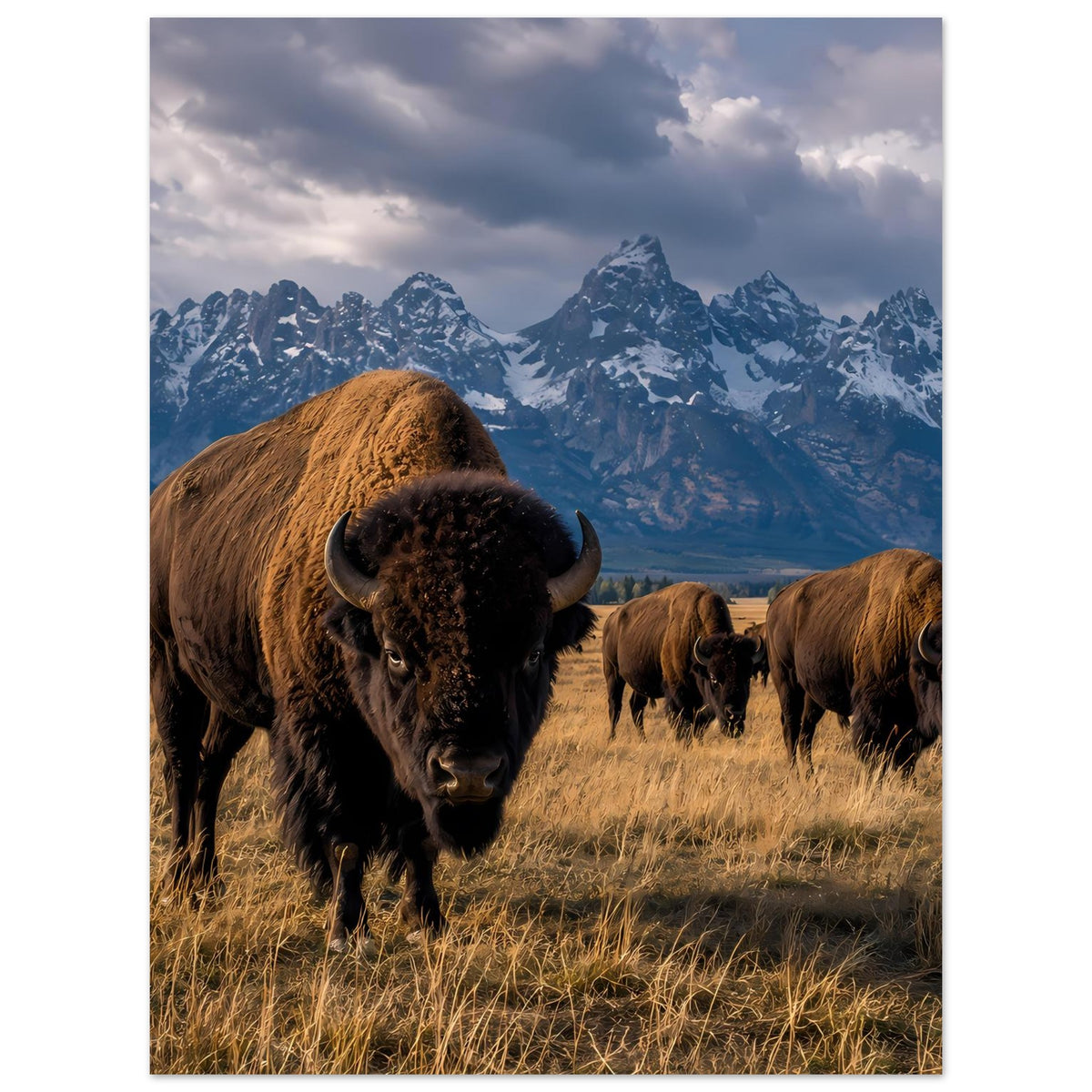 Poster mit Bisonherde: vorderer Kopf eines braunen Bisons, dahinter weitere Tiere