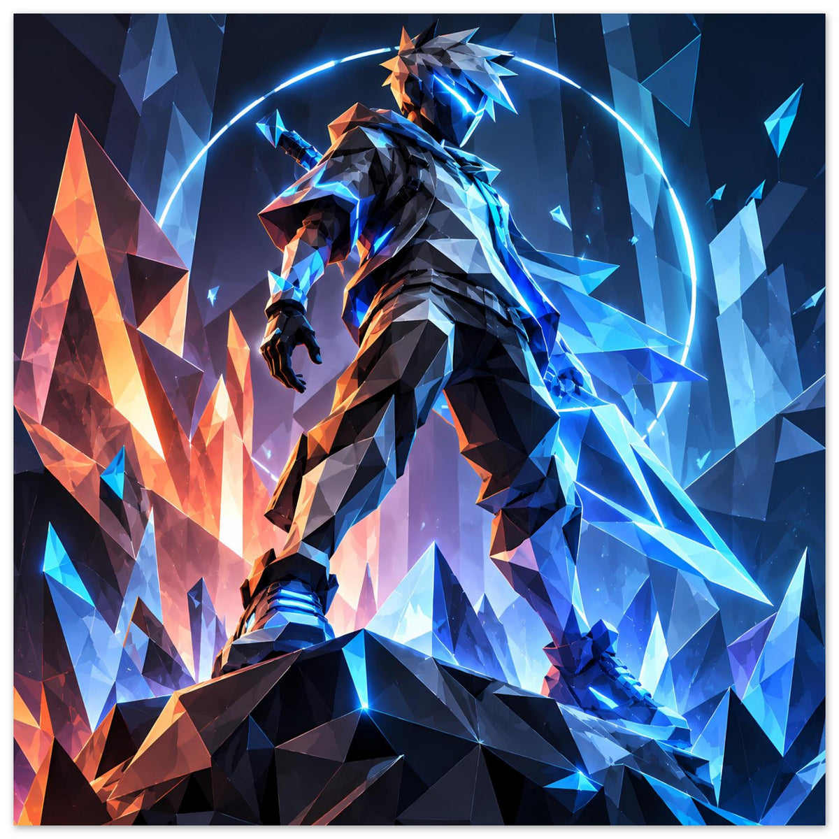 Premium-mattes Poster mit dynamischer Kriegerfigur, schwarz, blaues Neon, orange Lichtkanten, Polygonhintergrund
