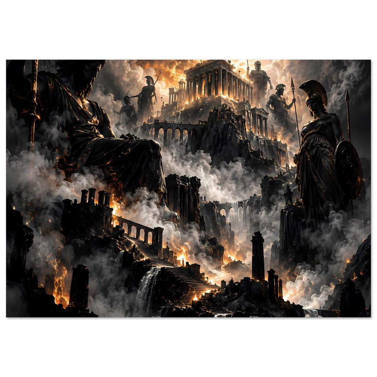 Fantasy-Poster im Querformat: Ruinenpfad mit Feuer, düstere Figuren links und rechts