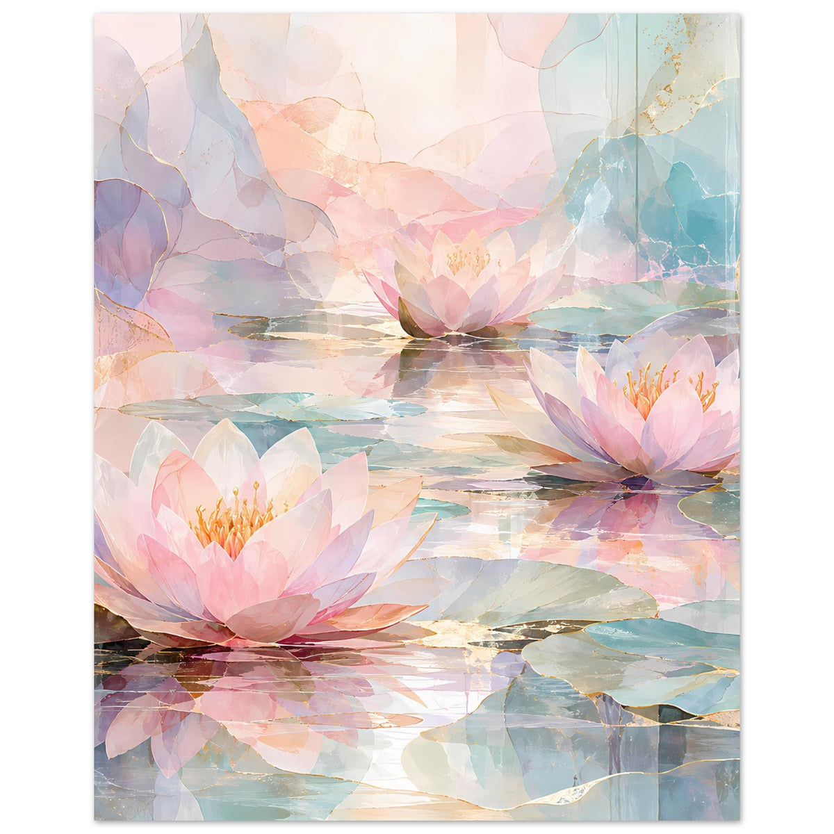 Poster mit rosa und hellen Seerosen, Wasseroptik mit pastelligen Farbverläufen