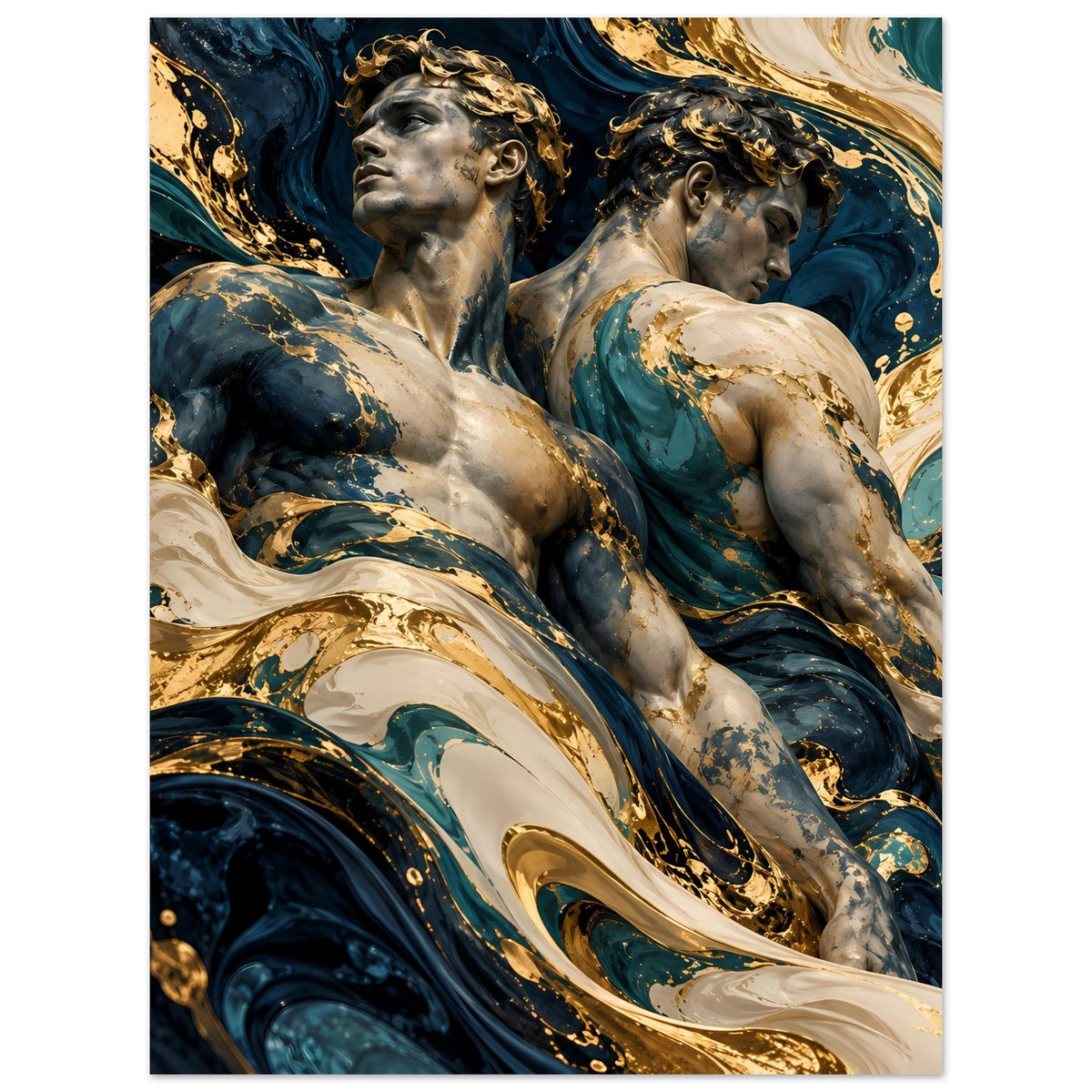Kunstposter mit zwei Aktfiguren, Köpfe im Fokus, blaue und goldene Farbschleifen