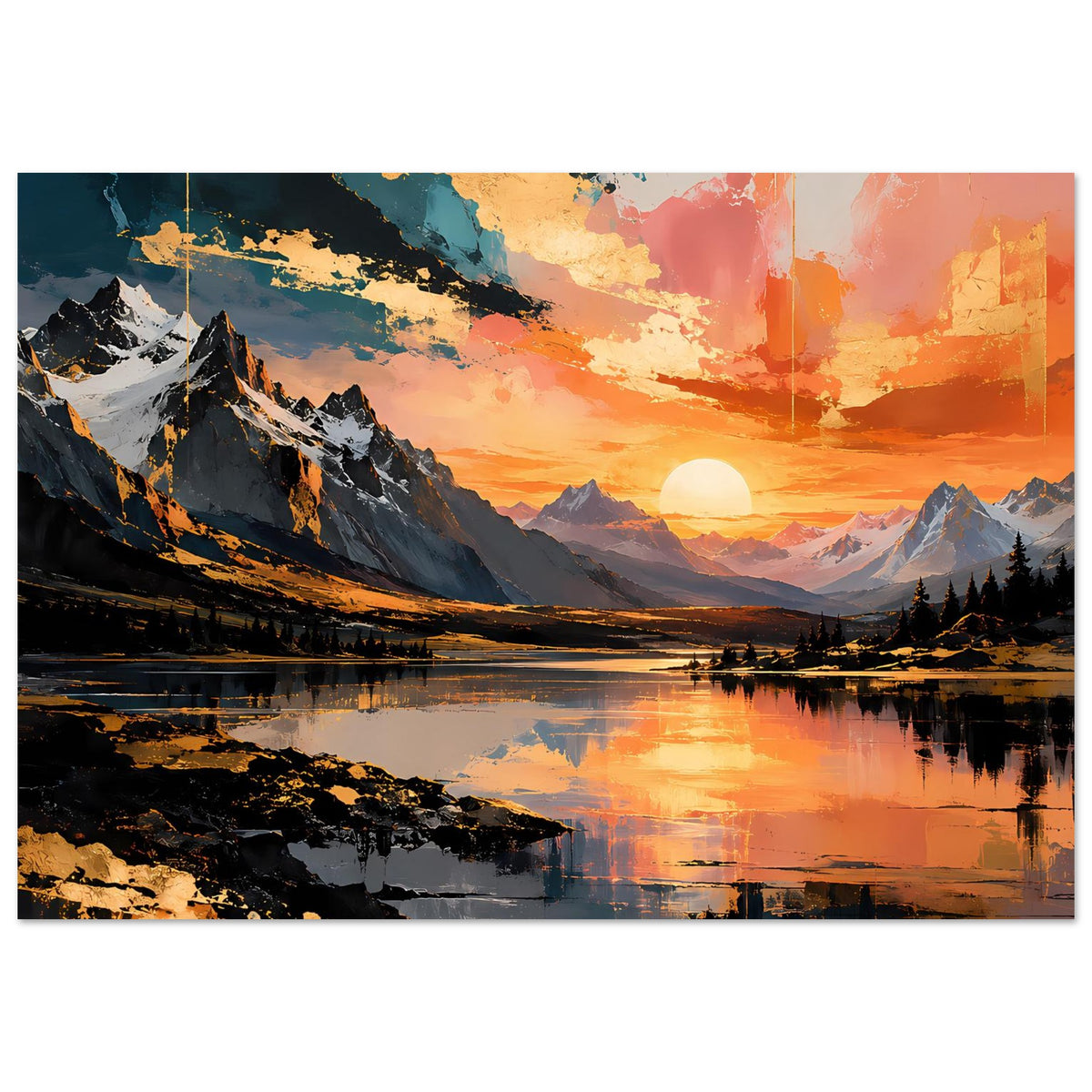 Poster mit Sonnenuntergang über den Bergen, Seeufer mit Felsen und Reflexion im Wasser.