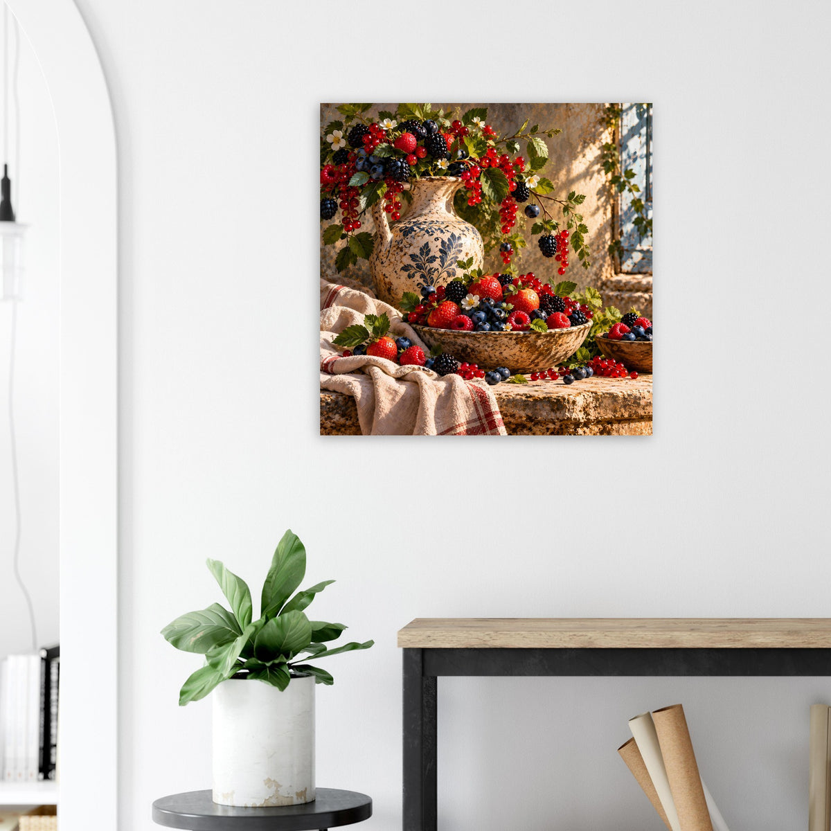 Quadratisches Poster mit Beerenarrangement, Vase und Obstschale im Stillleben