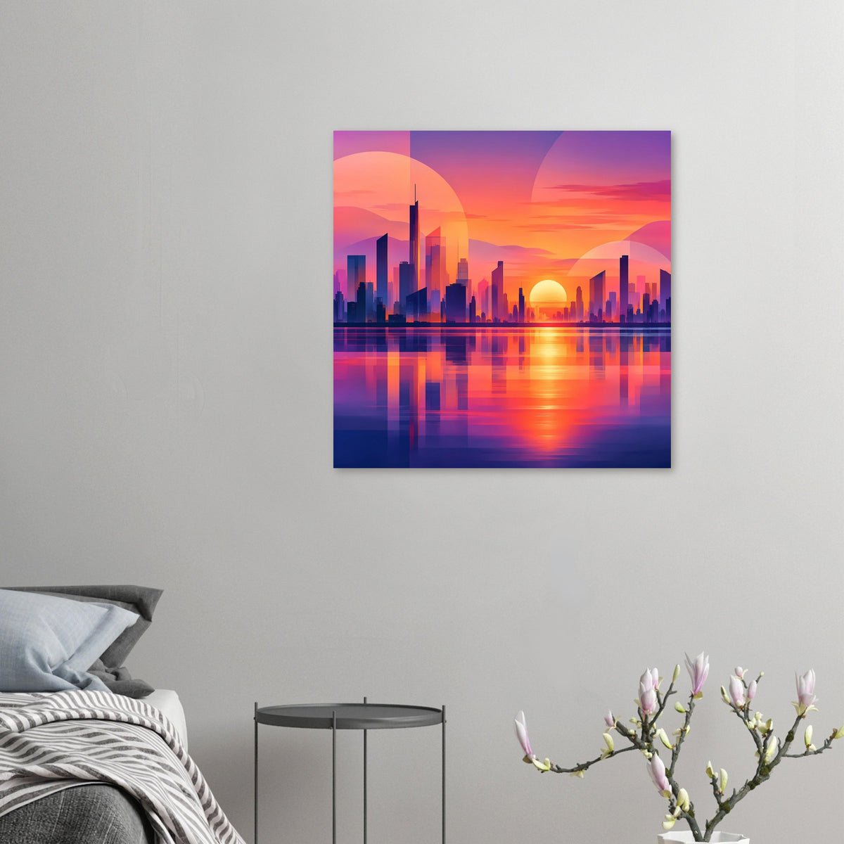 Kleines quadratisches Stadtposter mit neonfarbener Skyline, Sonnenuntergang und Wasserspiegelung