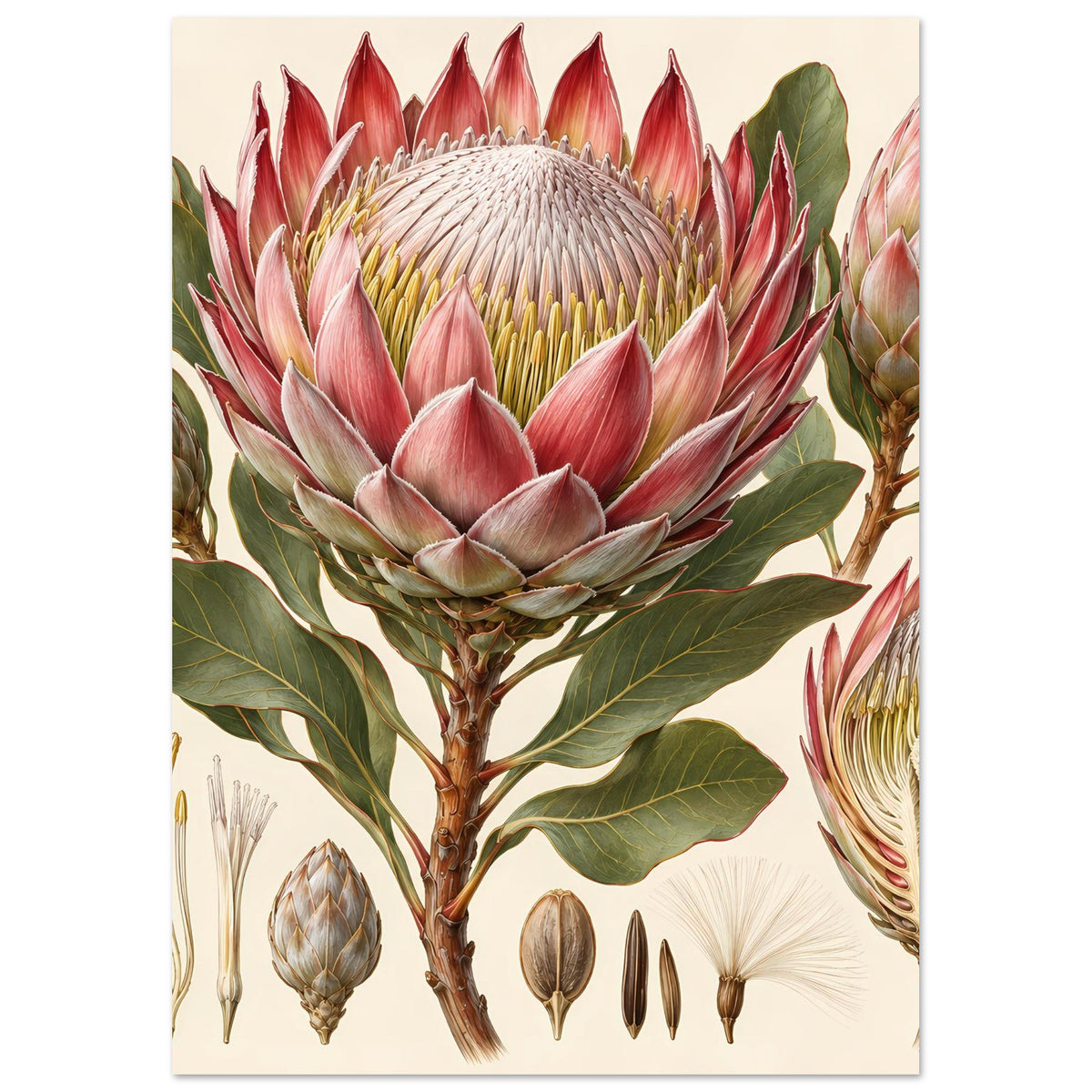 Poster mit großem Protea-Blütenkopf und Blättern in Rot- und Grüntönen, auf mattem Papier