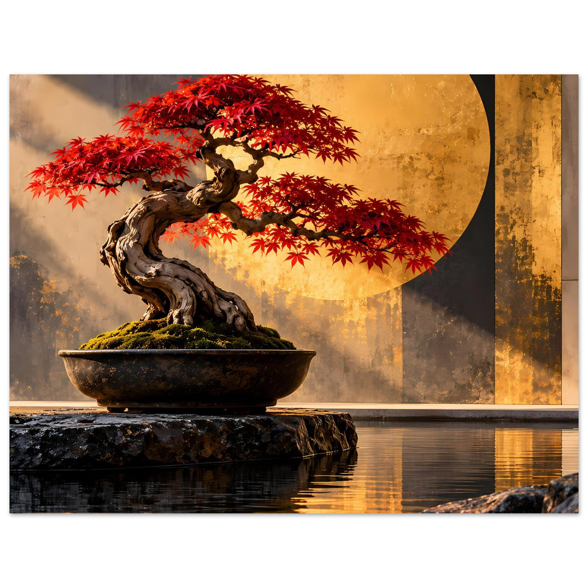 Rotahorn-Bonsai-Poster mit roter Krone, dunklem Stamm und Schale, Wasserspiegel am Rand