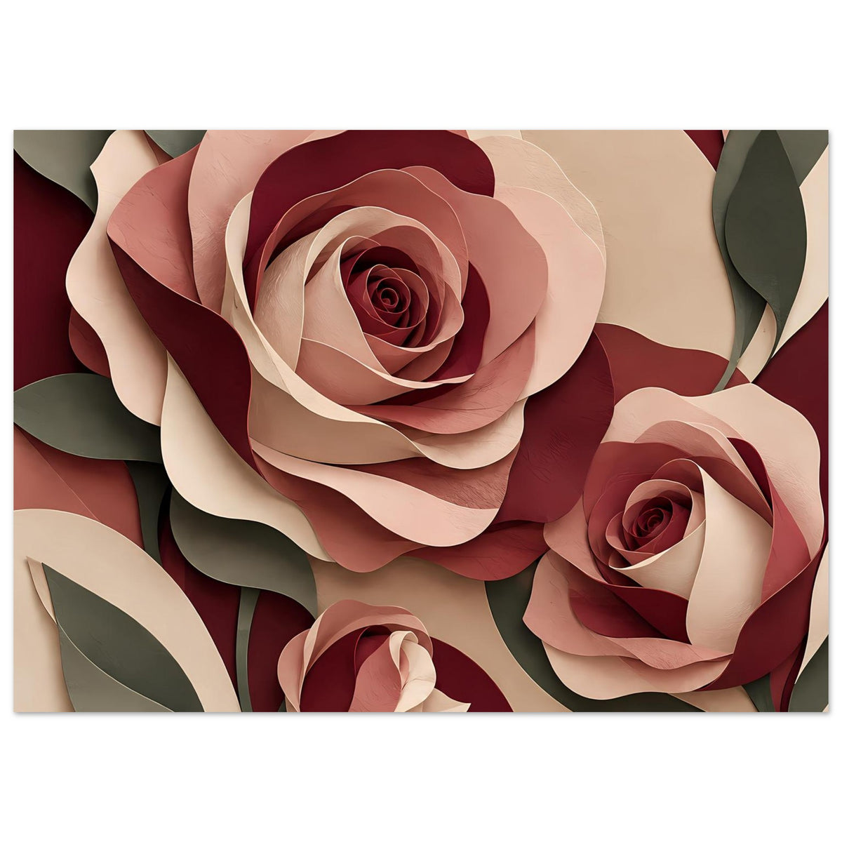Florales Kunstposter mit Rosen in Burgunder, Rosé und Grün, querformat