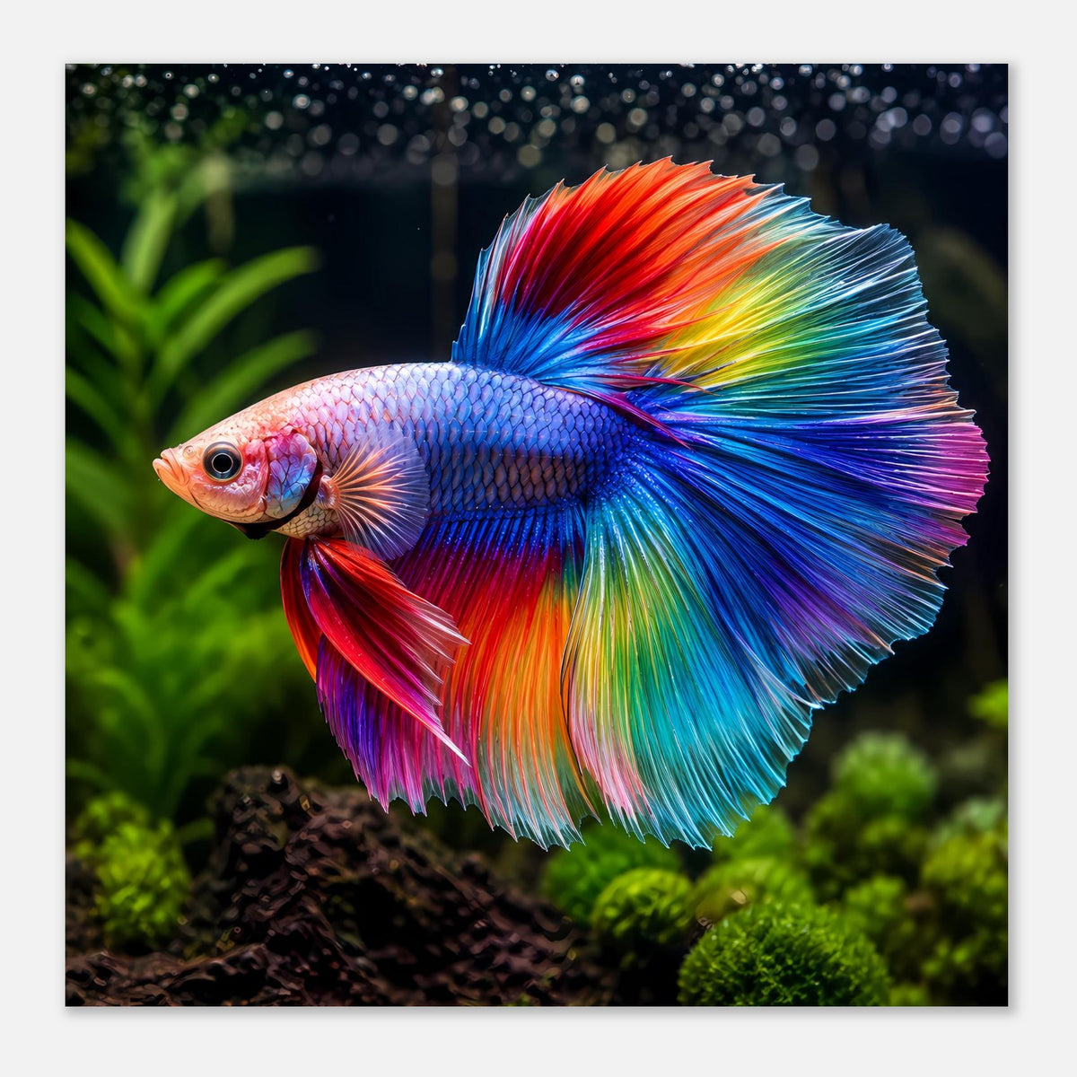 Poster mit Kampffisch-Betta: zentraler Regenbogenfisch mit weit geöffneten Flossen