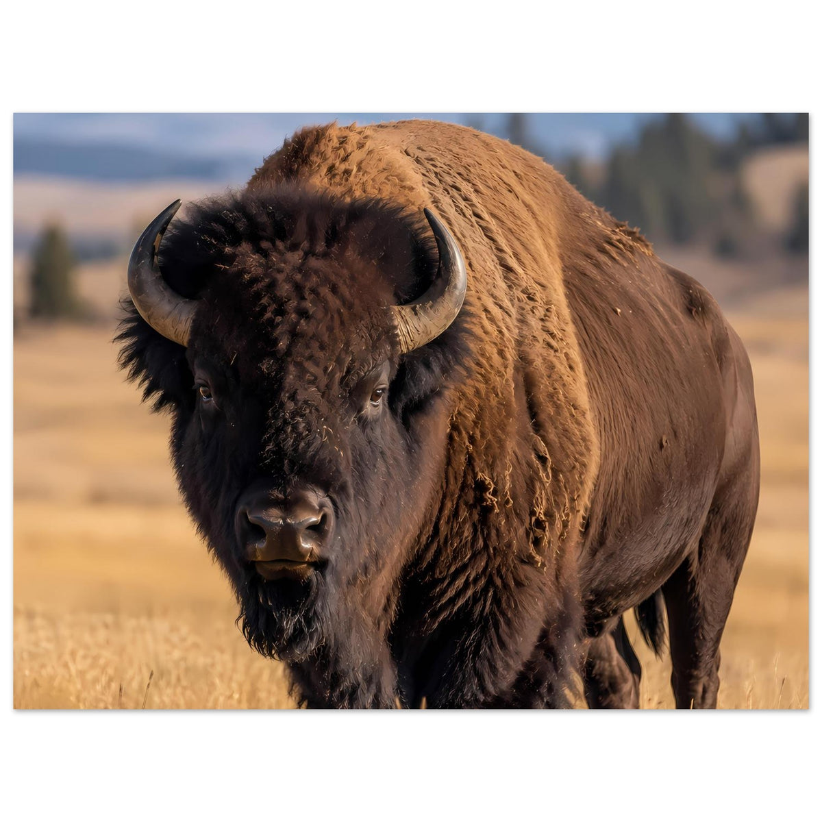 Bison-Wildlife-Poster: Büffel im Nahblick, braunes Fell, schwarze Mähne und Hörner