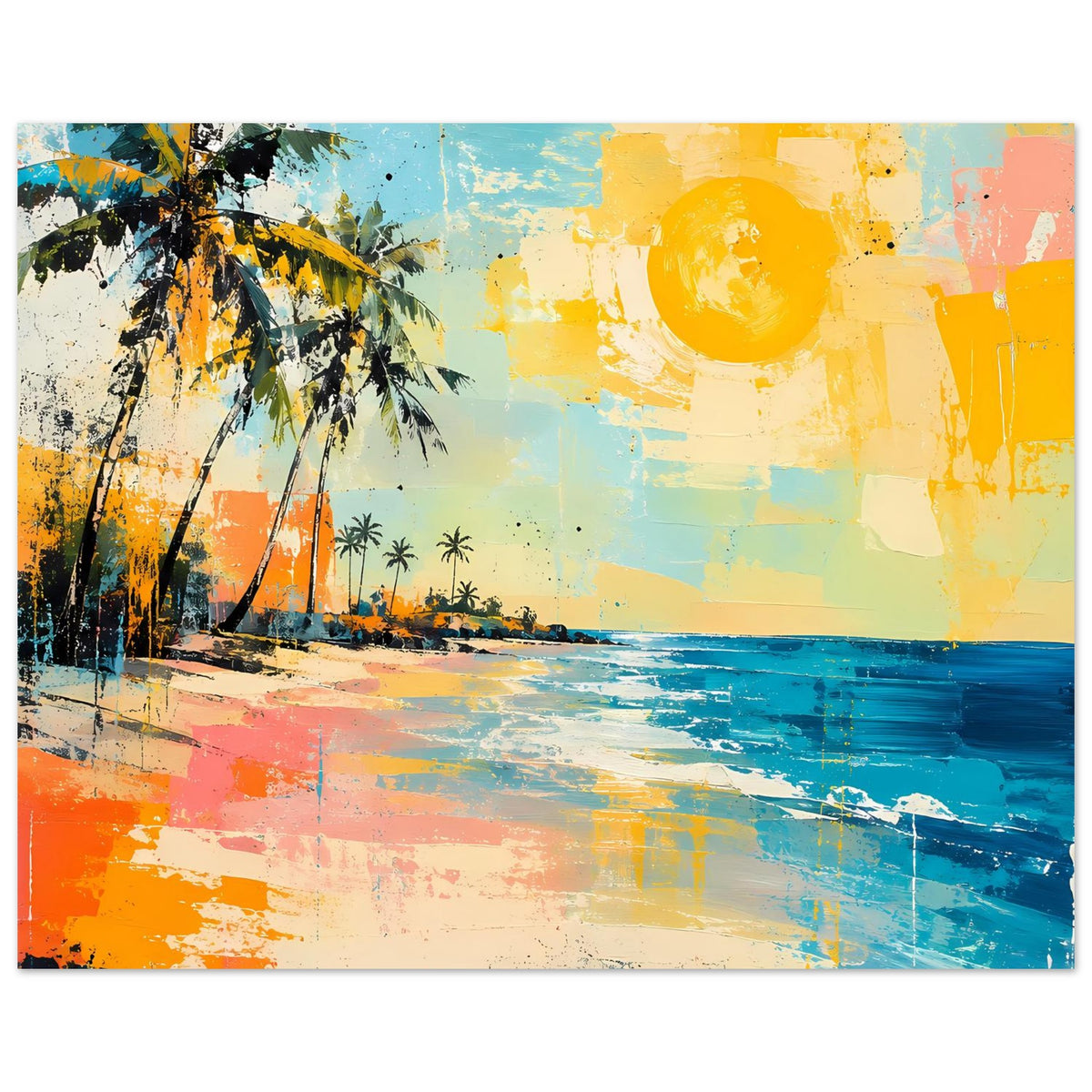 Querformatiges Tropen-Strand-Poster mit Palmen, gelber Sonne und blauem Meer, bunt und abstrakt