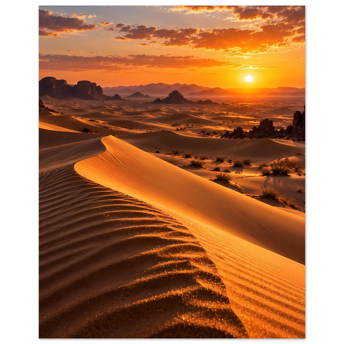 Wüstenlandschaft-Poster: lange Schatten der Sandwellen, Sonne über dem Dünenhorizont