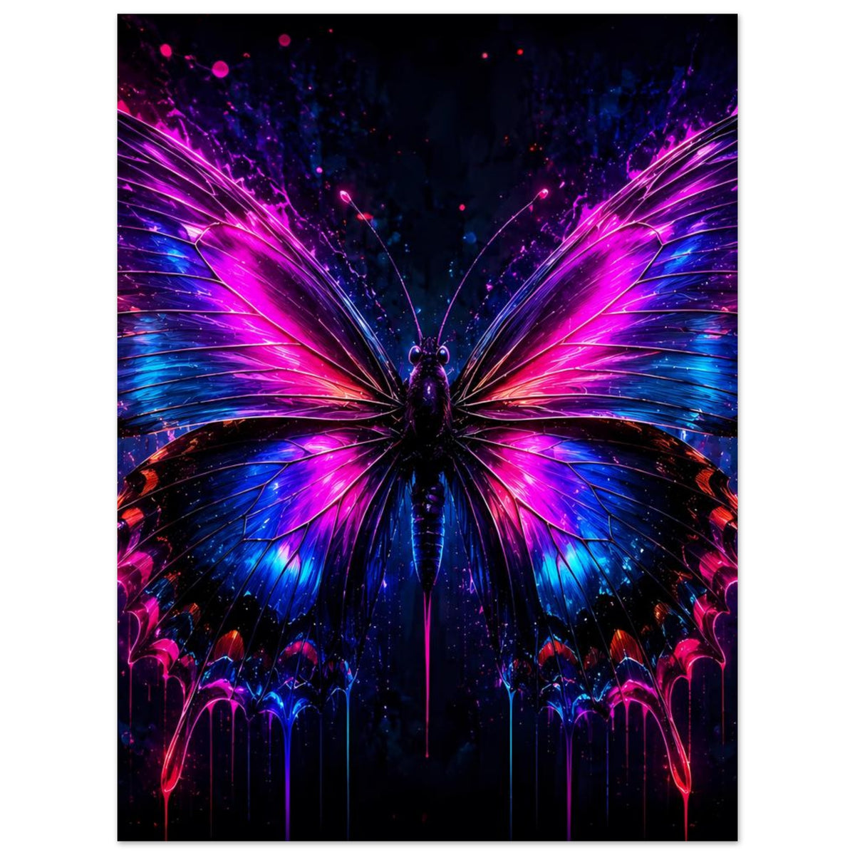 Schmetterlingsposter mit leuchtenden Neonflügeln und zentralem Motiv, hochformat