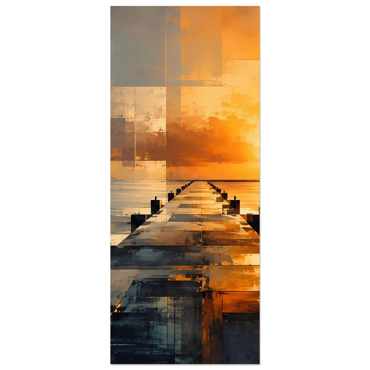 Vertikales Abstraktposter mit Pier und Sonnenuntergang, orange-graue geometrische Blöcke