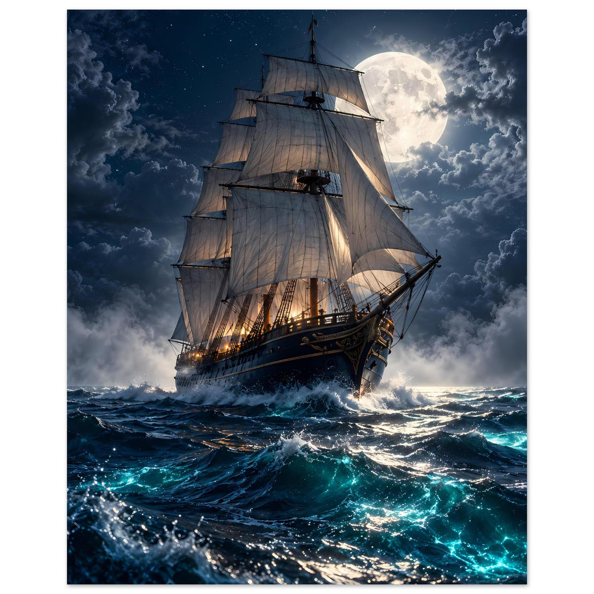 Hochkant-Segelschiff-Poster mit Vollmond, Segeln und aufgewühlter dunkler See