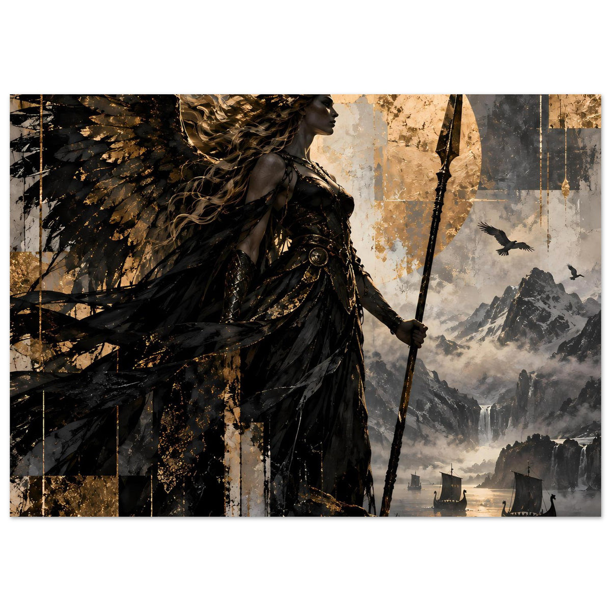 Kunstposter: Valkyrie mit Speer und Umhang, goldene Sprenkel vor Bergkulisse
