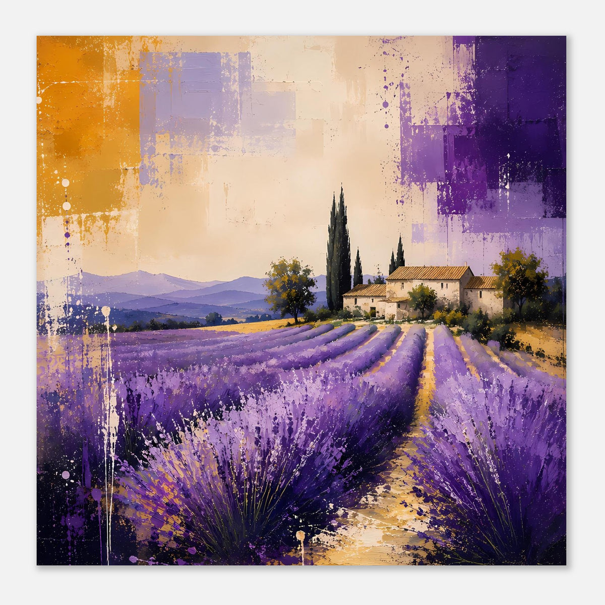 Lavendel-Landschaftsposter, vertikales Motiv mit Lavendelreihen und warmen Goldtönen
