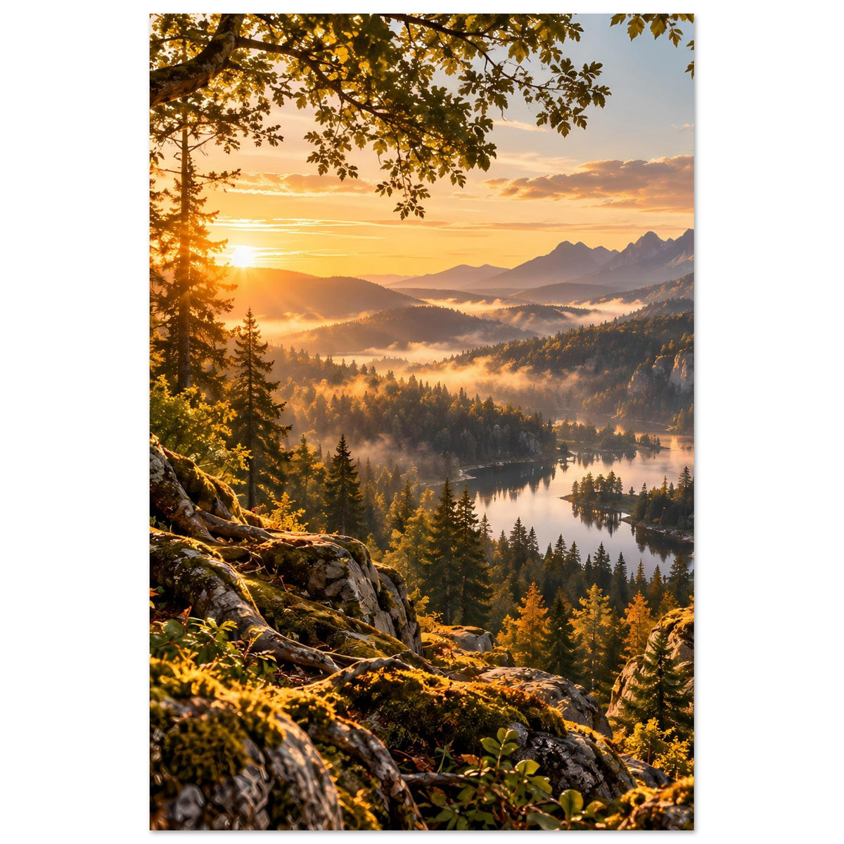 Landschaftsposter im Hochformat: Sonnenaufgang über Bergen, Baumkronen oben, See unten.