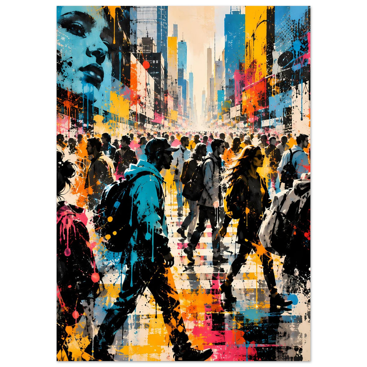 Street-Art-Poster mit Graffiti-Fassaden, Menschenmenge in leuchtenden Farben und Spritzmuster