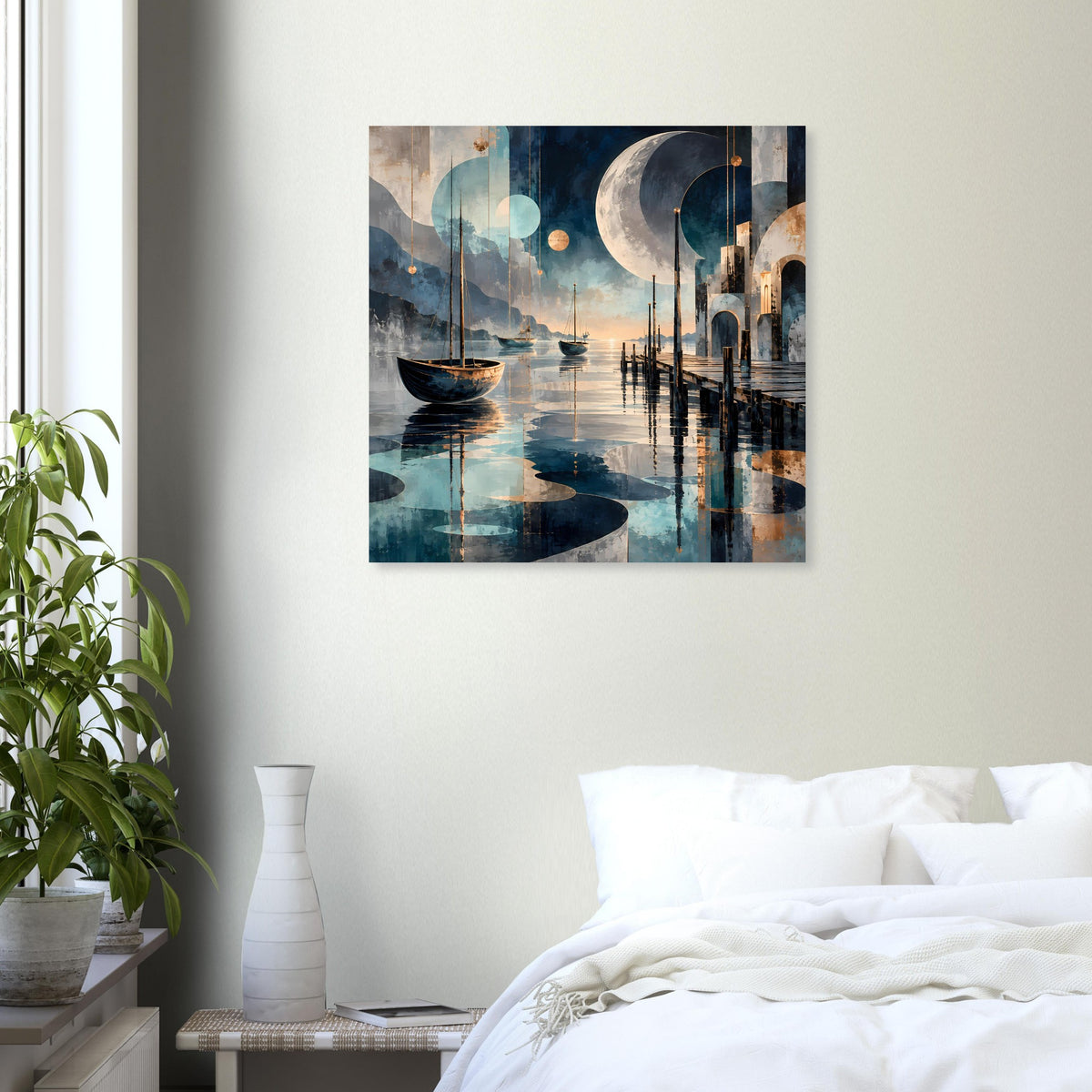 Maritimes Nachtposter an weißer Wand: Mond über Hafen, Boote und Steg im Abendlicht