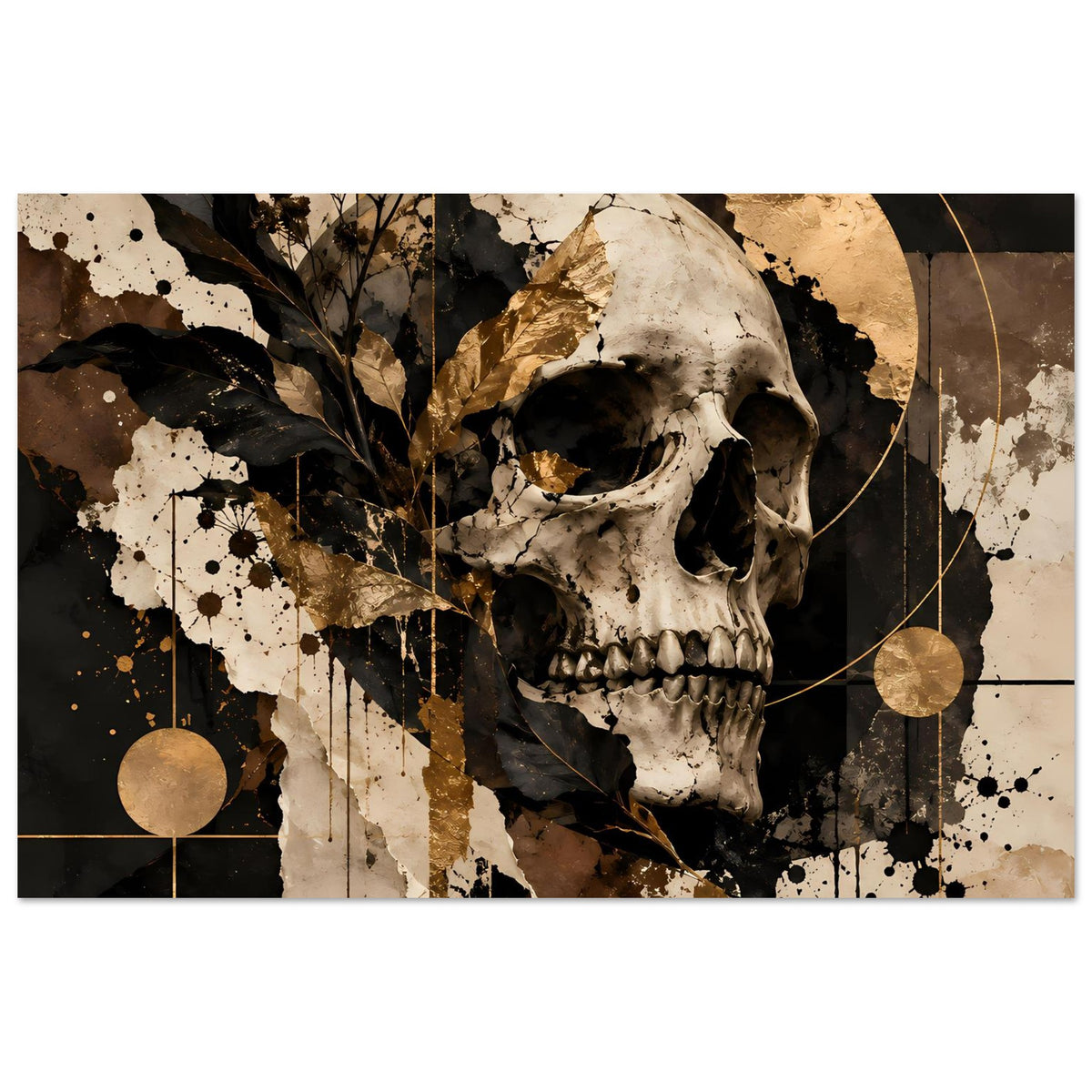 Kunstposter mit Totenschädelmotiv, goldene Akzente, schwarze Sprenkel und Linien
