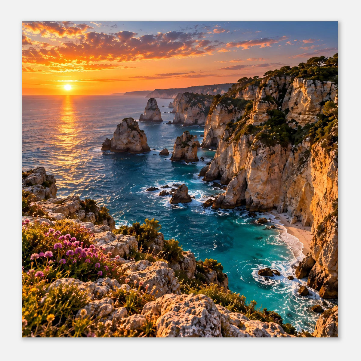 Küstenposter im Querformat mit Felsklippen bei Sonnenuntergang und türkisfarbenem Meer.
