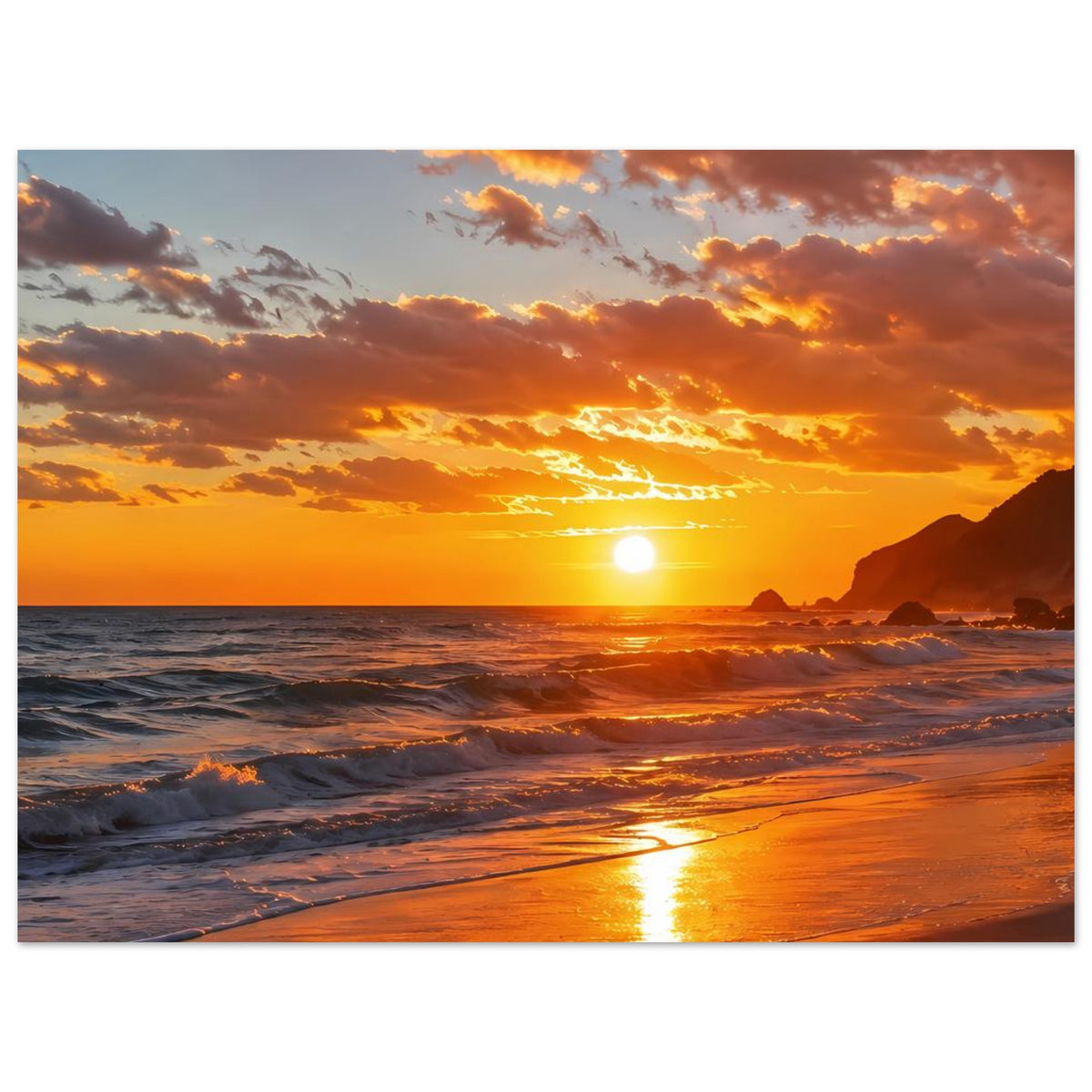Strand-Poster mit Sonnenuntergang, Wellen und Sonne am Horizont, Querformat