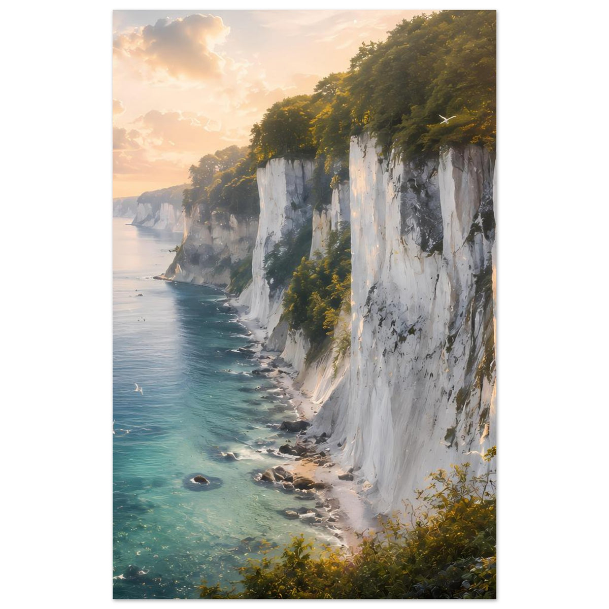 Kunstdruck Poster: schmale Ansicht der Klippen, türkisblaues Meer und Waldgrün
