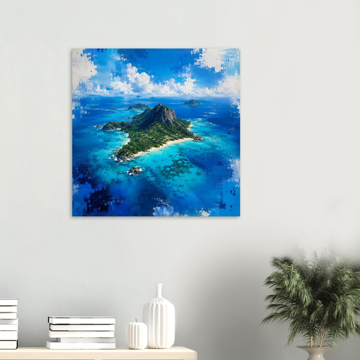 Poster mit tropischer Insel und Felsberg über türkisblauem Meer, quadratisch gedruckt