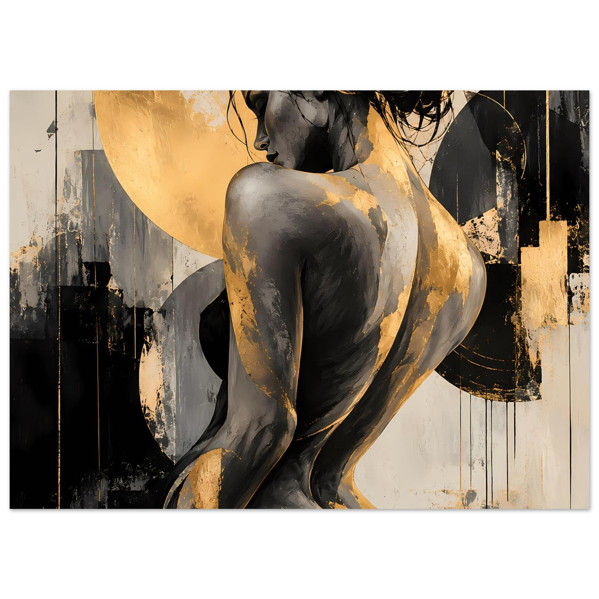 Rechteckiges Kunstposter mit Akt-Figur, goldene Spritzer und schwarze Kontraste