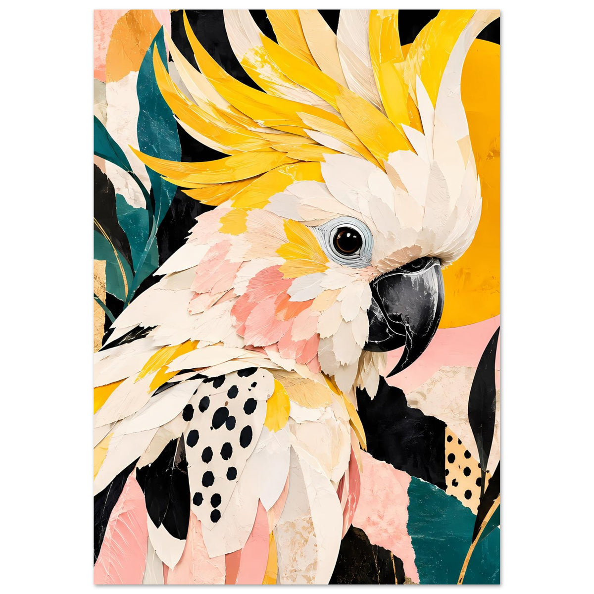 Vogelkunst-Poster Kakadu-Fokus mit Federbüschel, gelb-weiß, rosafarbene Blüten, gerahmt