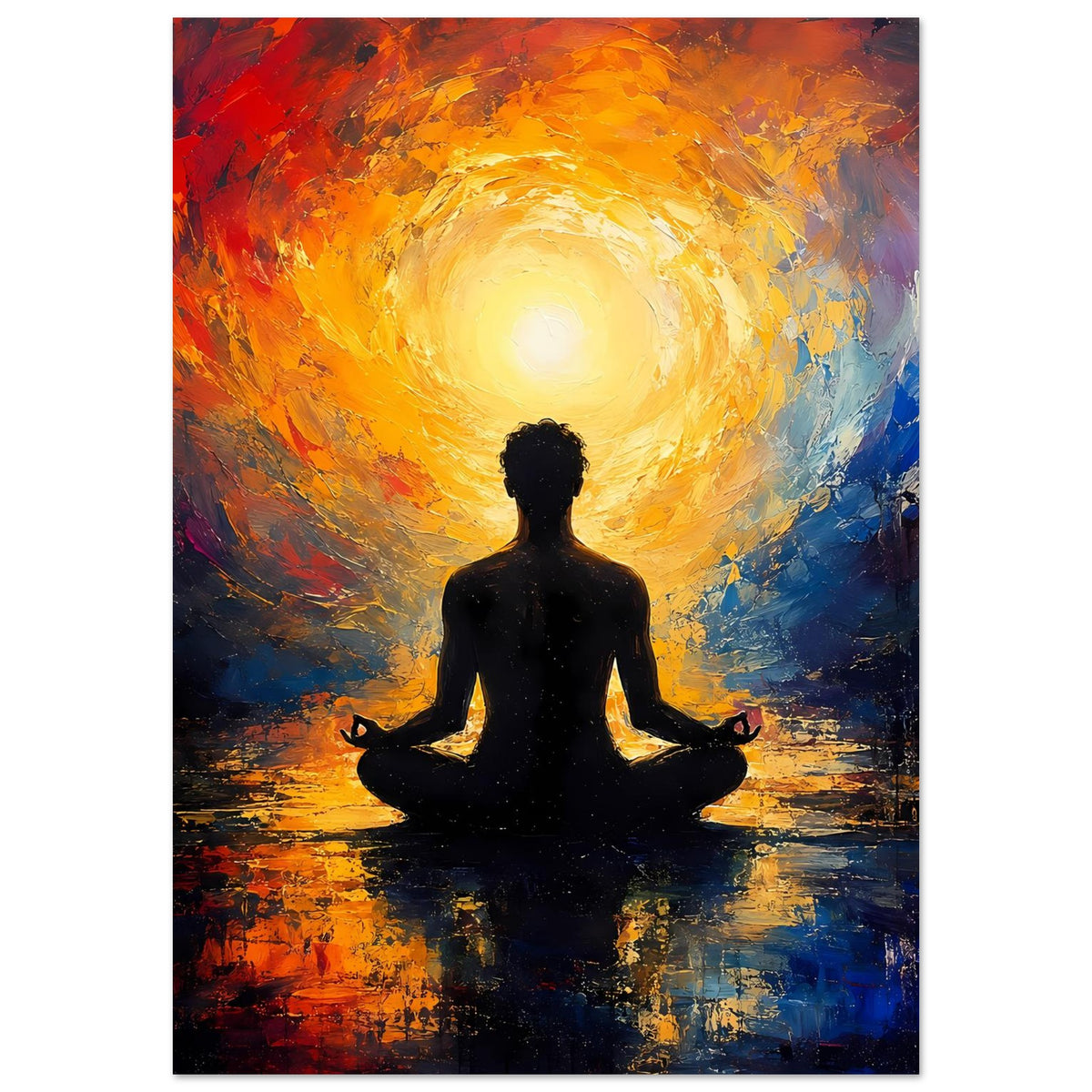 Zen-Poster mit sitzender schwarzer Silhouette, von gelber Aura und blauen Farbschichten